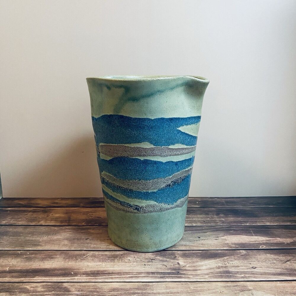 Vintage Handmade Stoneware Vase Or Pitcher With Seascape Design Patterns
